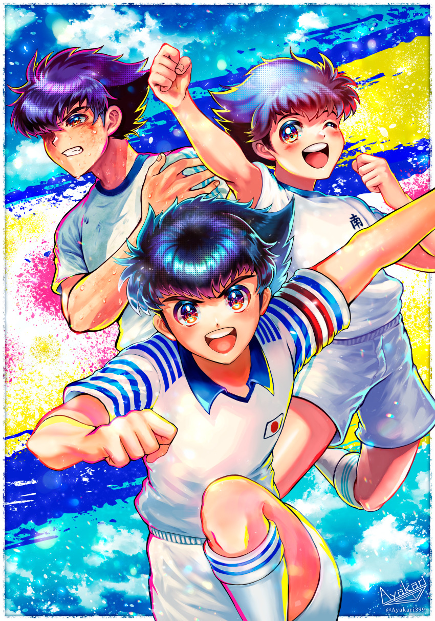 3boys, :d, ;d, absurdres, arm_up, artist_name, ayakari399, black_hair
