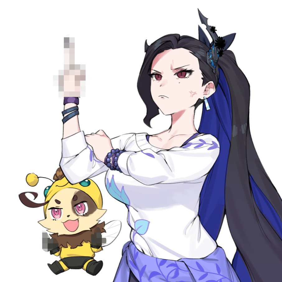 1girl, alternate_hairstyle, anger_vein, angry, asymmetrical_horns, beemo, black_hair, blue_hair, bras_d'honneur, breasts, censored, censored_gesture, censored_hands, colored_inner_hair, cosplay, dasdokter, demon_horns, earrings, frown, gigi_murin, hololive, hololive_english, horns, jewelry, league_of_legends, long_hair, middle_finger, multicolored_hair, nerissa_ravencroft, pointless_censoring, ponytail, teemo, teemo_(cosplay), virtual_youtuber