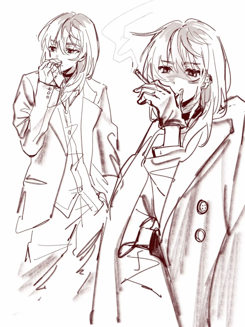 1girl, chinese_commentary, choker, cigarette, closed_mouth, commentary_request, dress_shirt, earclip