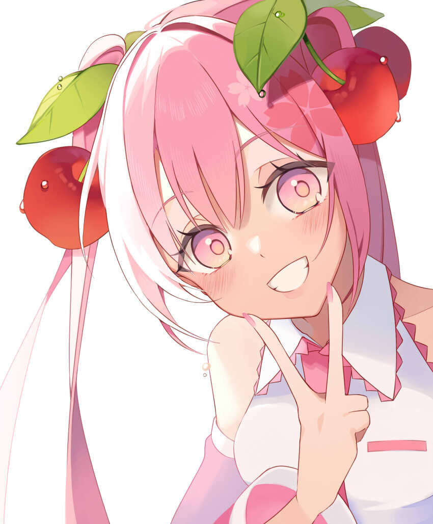 1girl, absurdres, blush, cherry_hair_ornament, commentary, detached_sleeves, food-themed_hair_ornament, grin, hair_ornament, hatsune_miku, head_tilt, highres, hiryang, long_hair, long_sleeves, looking_at_viewer, nail_polish, necktie, pink_eyes, pink_hair, sakura_miku, shirt, sleeveless, sleeveless_shirt, smile, solo, twintails, upper_body, v, vocaloid, water_drop
