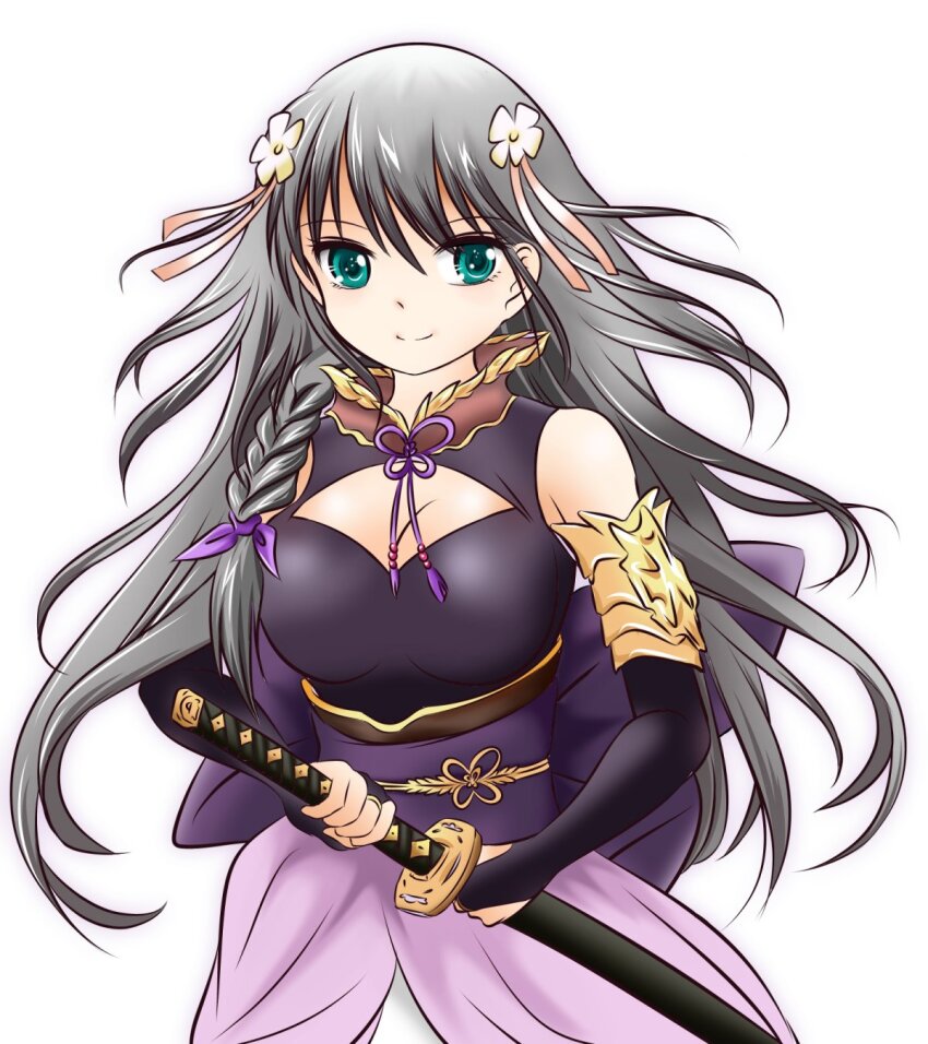 1girl, arm_warmers, bare_shoulders, braid, breasts, bridal_gauntlets, cleavage_cutout, closed_mouth