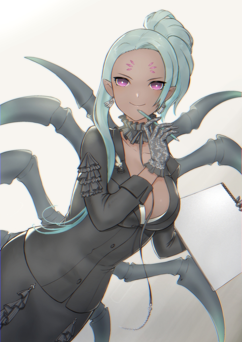 1girl, absurdres, arachne_(housamo), arthropod_girl, arthropod_limbs, black_jacket, black_skirt, breasts