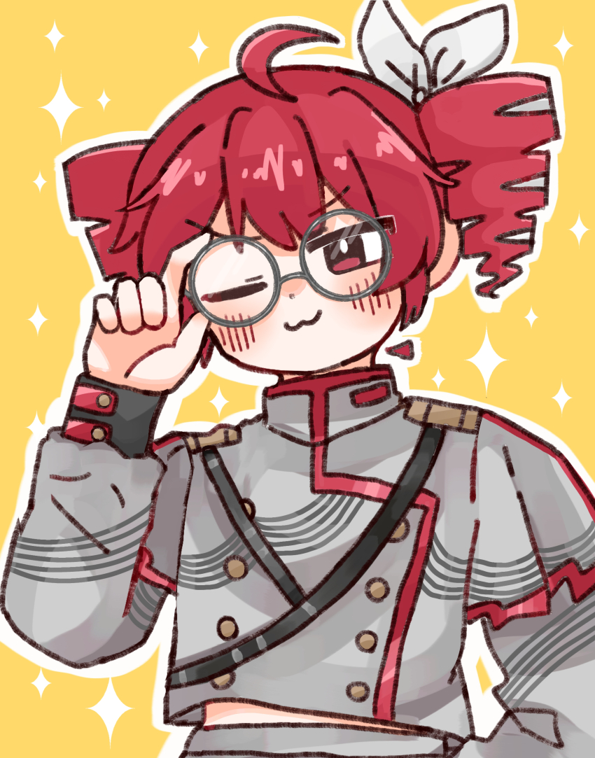 1girl, ;3, absurdres, ahoge, blush, bow, buttons, double-breasted