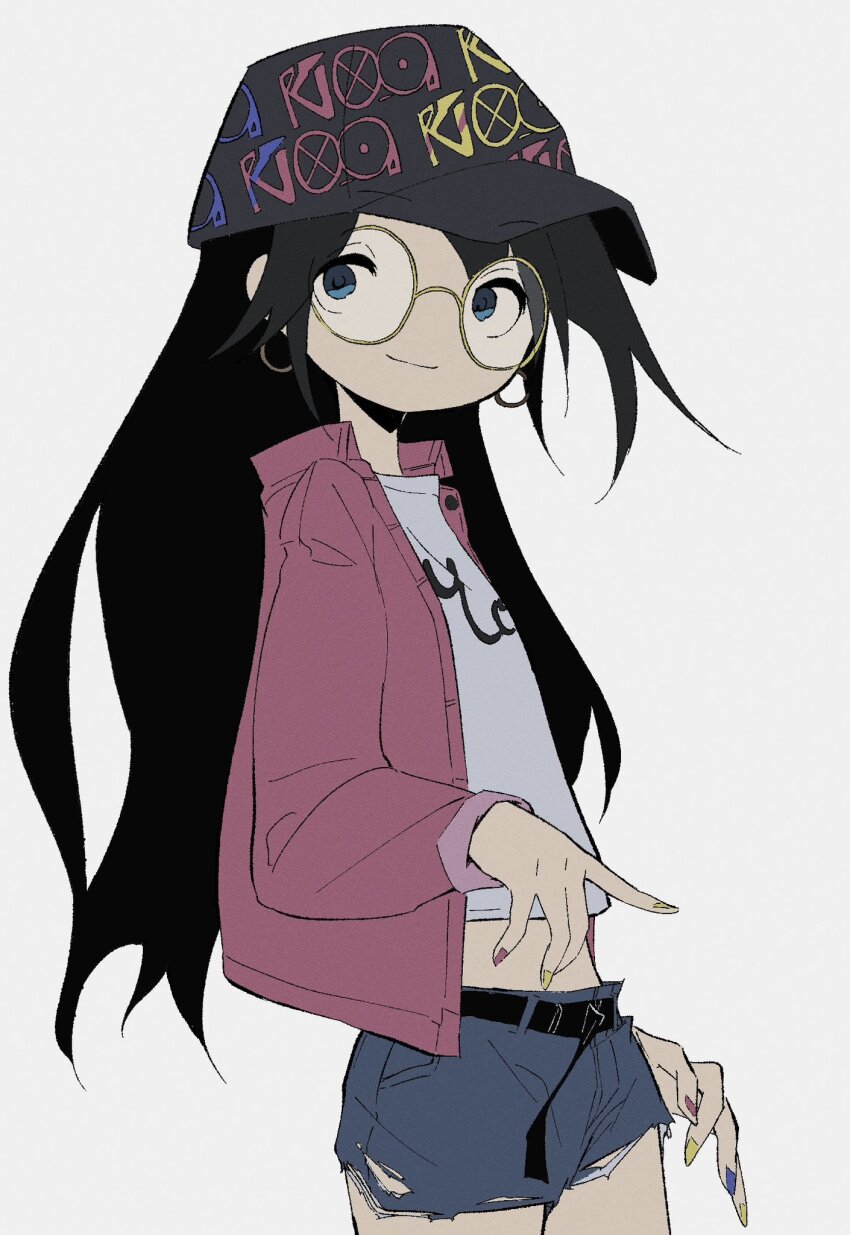1girl, baseball_cap, belt, black_hair, black_hat, blue_eyes, chuuou, cowboy_shot, crop_top, denim, denim_shorts, glasses, grey_background, hat, highres, idolmaster, idolmaster_shiny_colors, jacket, long_hair, long_sleeves, mitsumine_yuika, multicolored_nails, pink_jacket, print_headwear, print_shirt, round_eyewear, shirt, shorts, smile, torn_clothes, torn_shorts, white_shirt