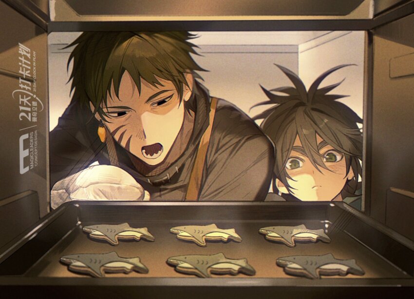 2boys, animal-themed_food, antenna_hair, black_eyes, black_jacket, brown_hair, chinese_commentary, chromatic_aberration, closed_mouth, commentary_request, cookie, dreyfus_zweig, facial_scar, film_grain, food, frown, green_eyes, hair_between_eyes, highres, indoors, isoi_reiji, jacket, jiuc_000, male_focus, multiple_boys, open_mouth, oven_interior, oven_mitts, saibou_shinkyoku, scar, scar_on_cheek, scar_on_face, sharp_teeth, short_hair, teeth, thick_eyebrows, tray, v-shaped_eyebrows