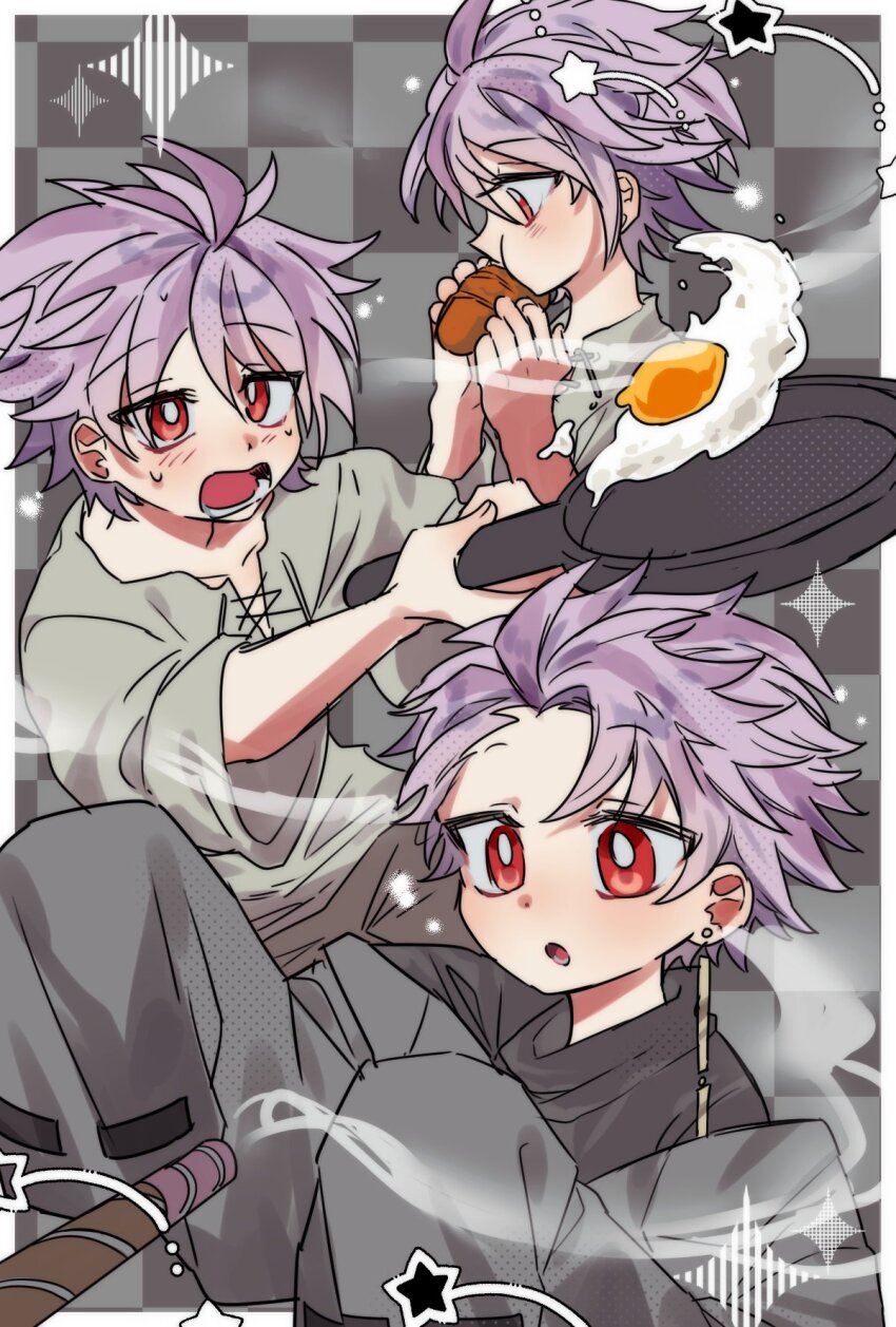 1boy, aged_down, black_jacket, black_shirt, border, bread, cigarette, commentary_request