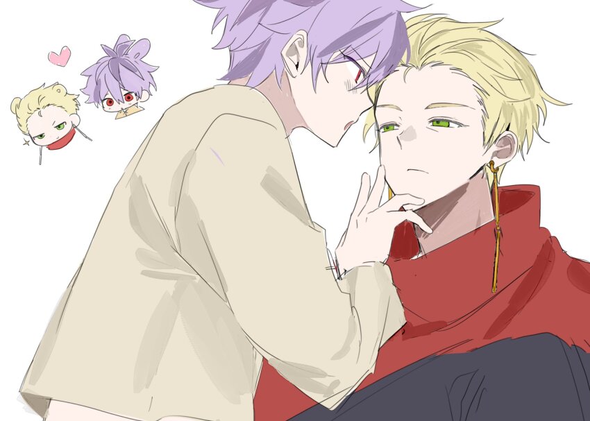 2boys, animal_ears, bear_ears, black_pants, blonde_hair, blush, brown_shirt, chibi