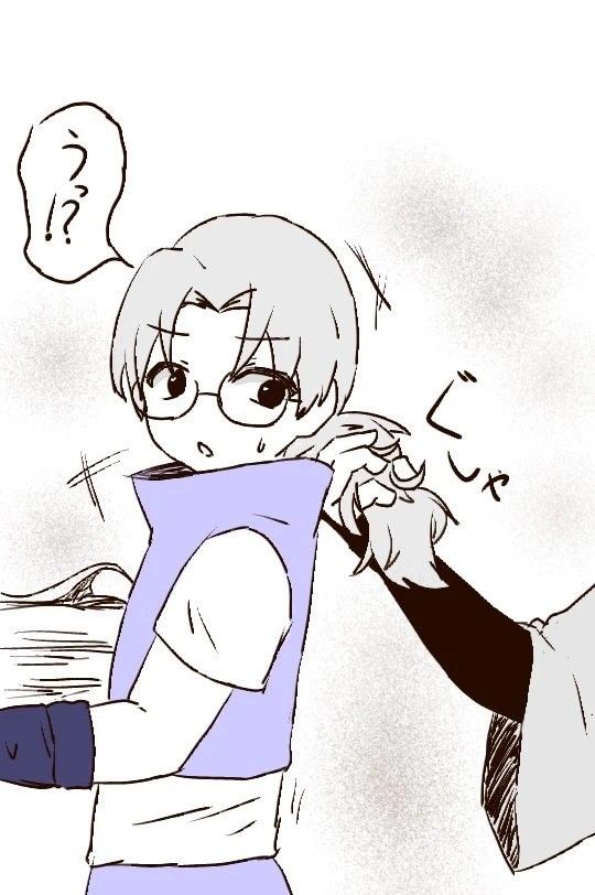 :o, artist_request, book, carrying, confused, grabbing_another's_hair, grey_hair, hair_tied_back, holding, holding_another's_hair, holding_book, japanese_text, layered_sleeves, limited_palette, long_sleeves, looking_to_the_side, motion_lines, naruto_(series), naruto_shippuuden, orochimaru_(naruto), purple_shirt, round_eyewear, shirt, short_over_long_sleeves, short_sleeves, short_sleeves_under_sleeveless, speech_bubble, sweatdrop, translated, yakushi_kabuto