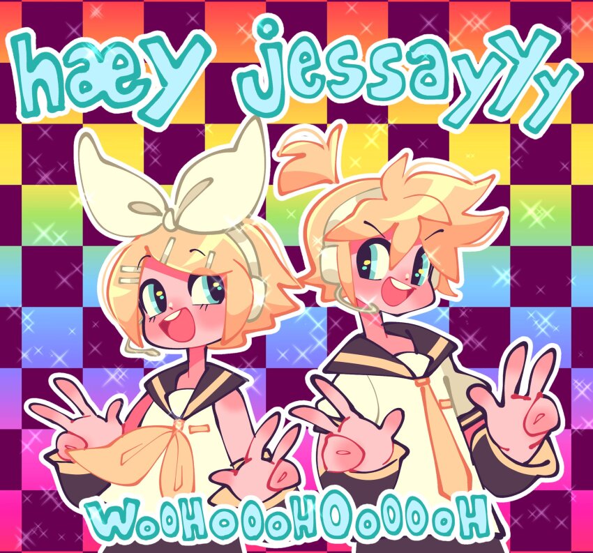 1boy, 1girl, blonde_hair, blue_eyes, bow, brother_and_sister, commentary, detached_sleeves, english_commentary, english_text, hair_bow, hair_ornament, hair_ribbon, hairclip, headphones, highres, jammy_(bunbunbewwii), jessie_(disney), kagamine_len, kagamine_rin, lyrics, open_mouth, ribbon, shirt, short_hair, shorts, siblings, smile, vocaloid