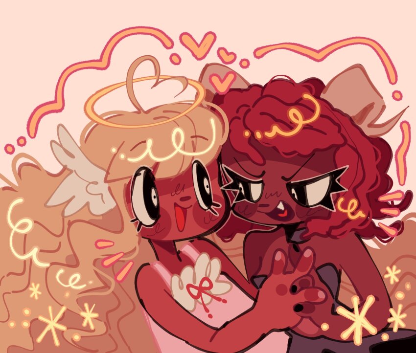 alternate_hairstyle, alternate_skin_color, angel, angel_(devilish_hairdresser), angel_and_devil, blacktober, blonde_hair, bracelet