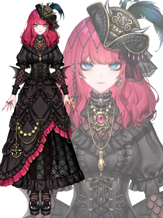 1girl, akatsuki_hotaru, black_dress, black_hat, black_pantyhose, black_shoes, blue_eyes, commentary_request, demon_wings, dress, earrings, frilled_dress, frills, hat, jewelry, jigenn, looking_at_viewer, mary_janes, medium_hair, nail_polish, official_art, pantyhose, red_hair, red_nails, shoes, solo, virtual_youtuber, vshojo, wings, zoom_layer