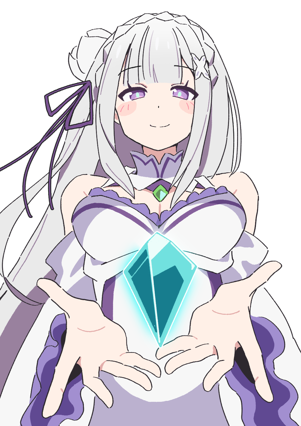1girl, bare_shoulders, blunt_bangs, blush_stickers, breasts, cleavage, detached_sleeves, dress, emilia_(re:zero), floating_gem, flower, frills, from_below, gem, glowing_gem, grey_hair, hair_ornament, hair_ribbon, highres, long_hair, looking_at_viewer, noyama_takenoko, outstretched_hand, purple_eyes, re:zero_kara_hajimeru_isekai_seikatsu, ribbon, rose, simple_background, smile, solo, white_background, white_flower, x_hair_ornament