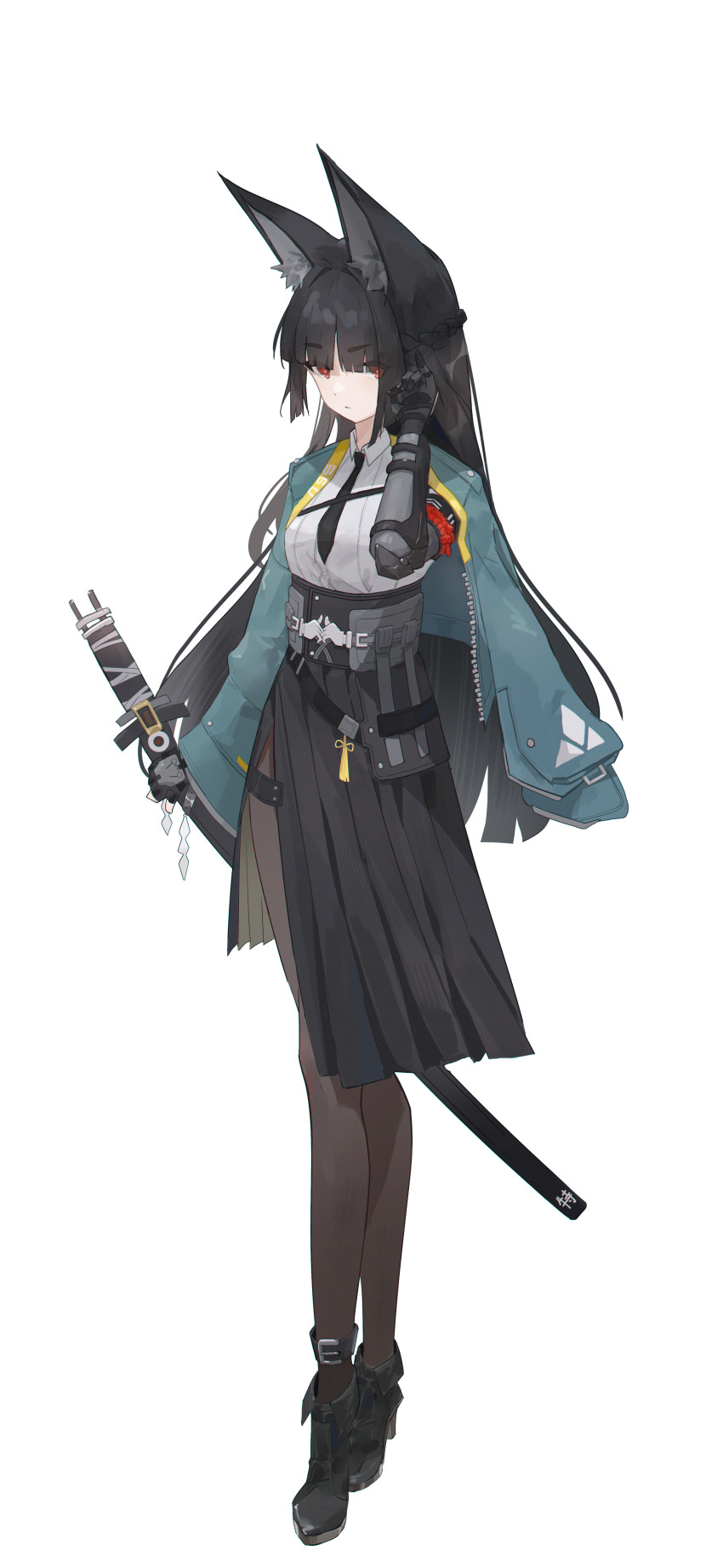 1girl, absurdres, animal_ear_fluff, animal_ears, black_footwear, black_gloves, black_hair, black_necktie