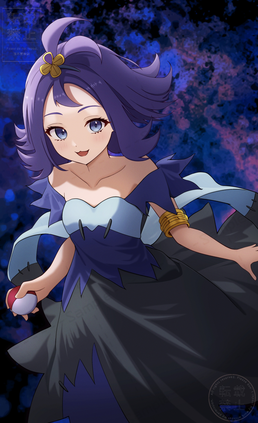 1girl, :3, :d, absurdres, acerola_(pokemon), bare_shoulders, black_dress, blue_dress
