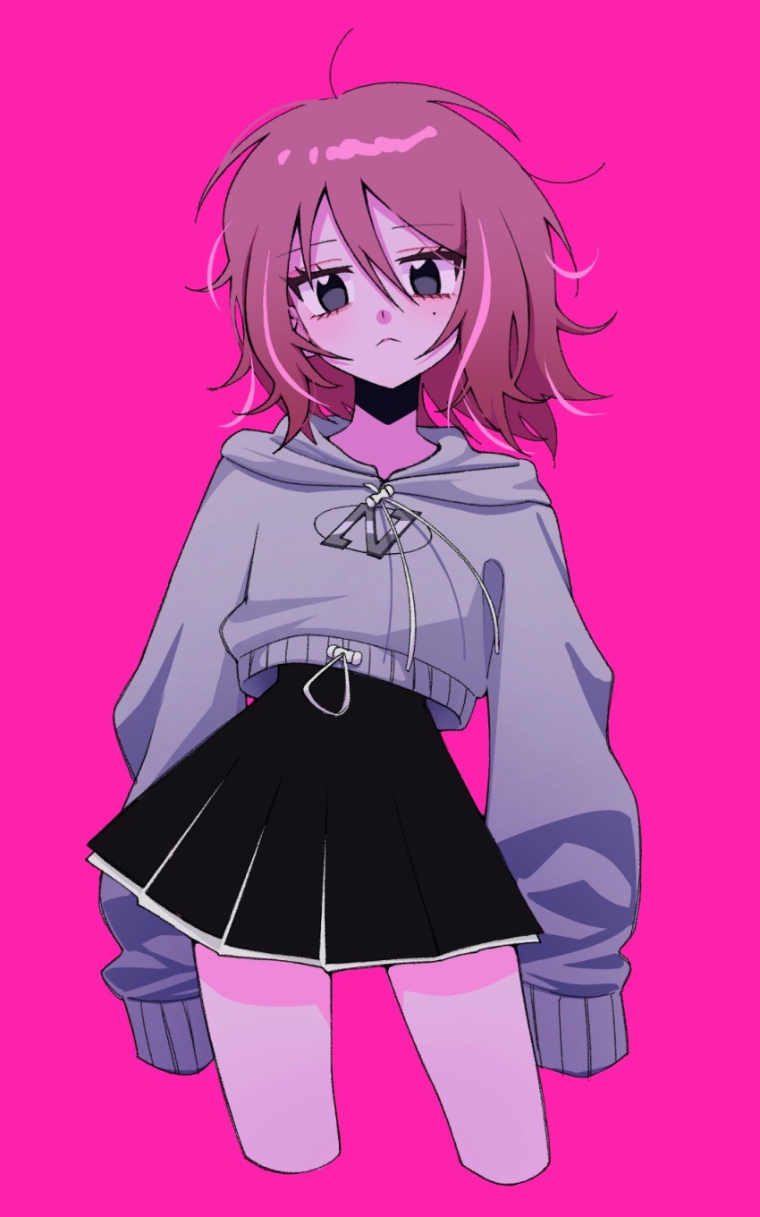 1girl, black_dress, cowboy_shot, cropped_hoodie, cropped_legs, dress, grey_hoodie, highres