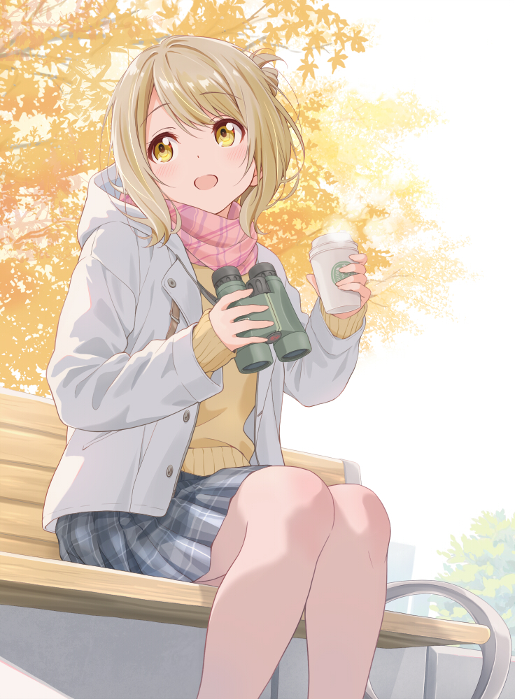 1girl, :d, bench, binoculars, commentary_request, cup, disposable_cup, grey_skirt, holding, holding_binoculars, holding_cup, hood, hooded_jacket, jacket, leaf, long_sleeves, maple_leaf, miyauchi_suzu, on_bench, open_clothes, open_jacket, open_mouth, outdoors, pink_scarf, pleated_skirt, sawanatsu_mikan, scarf, school_uniform, shiawase_toriming, skirt, smile, solo, striped_clothes, striped_scarf, sweater, swept_bangs, tree, white_jacket, yellow_eyes, yellow_sweater