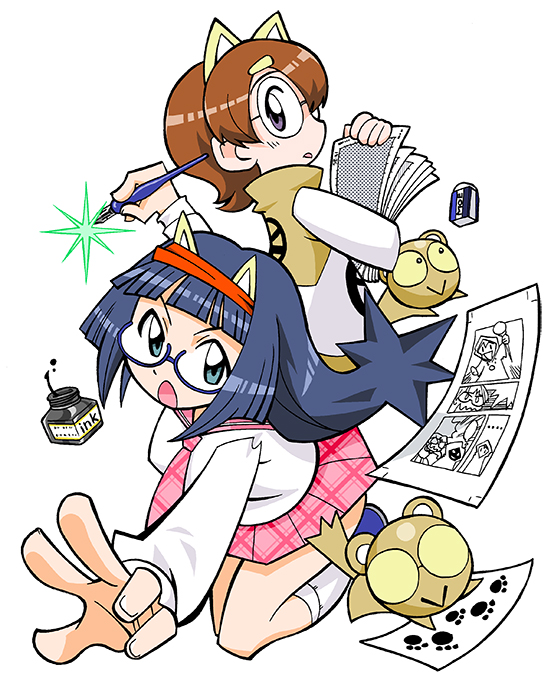 aina_(toranoana), animal_ears, aqua_eyes, black_eyes, black_outline, blouse, blue-framed_eyewear, blue_footwear, blunt_bangs, blunt_sidelocks, bottle, breasts, bright_pupils, brown_dress, brown_fur, brown_tail, brown_trim, calligraphy_brush, collared_shirt, colored_sclera, cub, dress, eraser, facing_to_the_side, fake_animal_ears, fingernails, from_side, full_body, glasses, glasses_kauberu_kotora, green_outline, hair_ornament, hairband, hairclip, holding, holding_calligraphy_brush, holding_paintbrush, holding_paper, ink, inkwell, kauberu_kotora, kneehighs, light_brown_hair, logo_print, long_hair, long_sleeves, manga_(object), medium_breasts, mukku_(mook-tv), necktie, no_pupils, official_art, open_mouth, outline, paintbrush, paper, papers, paw_print, pink_necktie, pink_sailor_collar, pink_skirt, plaid_clothes, plaid_necktie, plaid_skirt, profile, purple_eyes, red_hairband, sailor_collar, second-party_source, semi-rimless_eyewear, shirt, short_hair, sidelocks, simple_background, skirt, sleeve_cuffs, smilo_(toranoana), socks, spiked_hair, straight_hair, tiger, tiger_ears, tora_da_yo., toranoana, very_long_hair, white_background, white_dress, white_pupils, white_shirt, white_socks, yellow_sclera