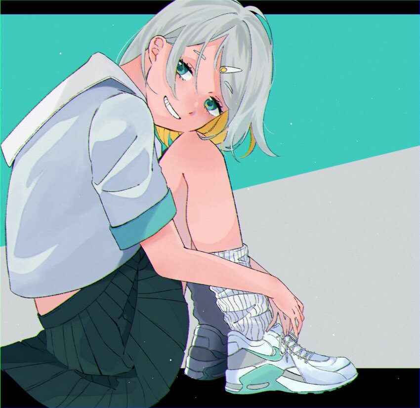1girl, air_max, air_max_90, alternate_footwear, aqua_eyes, aqua_trim, black_skirt, colored_inner_hair