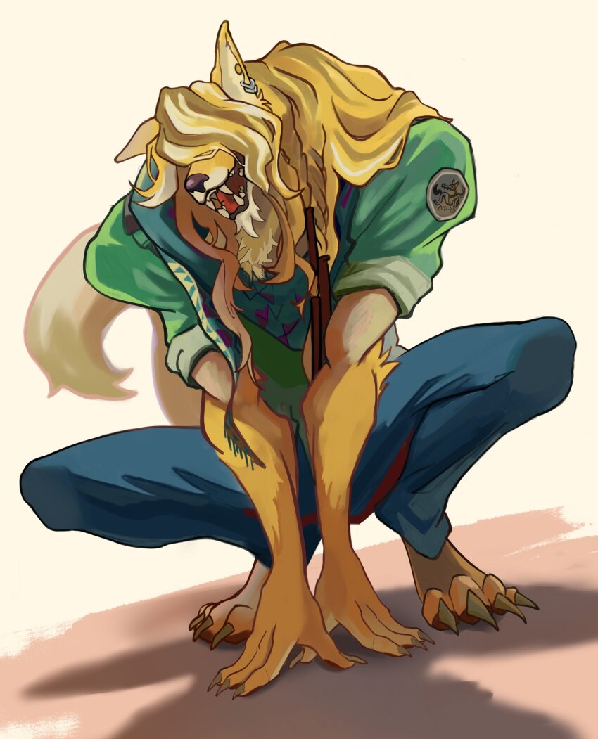 1boy, animal_ears, barefoot, blonde_hair, blue_pants, claws, commentary, coyote_boy, dislyte, earrings, english_commentary, facing_viewer, fangs, furry, furry_male, green_scarf, green_shirt, hair_over_eyes, highres, jewelry, looking_at_viewer, male_focus, open_mouth, pants, scarf, shirt, smile, squatting, tail, tubbrr, wenlock_(huehuecoyotl)_(dislyte), white_background, wolf_ears, wolf_tail, yellow_fur