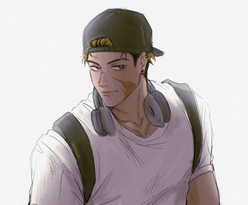 1boy, backwards_hat, black_hair, black_hat, blonde_hair, closed_mouth, collarbone, commentary