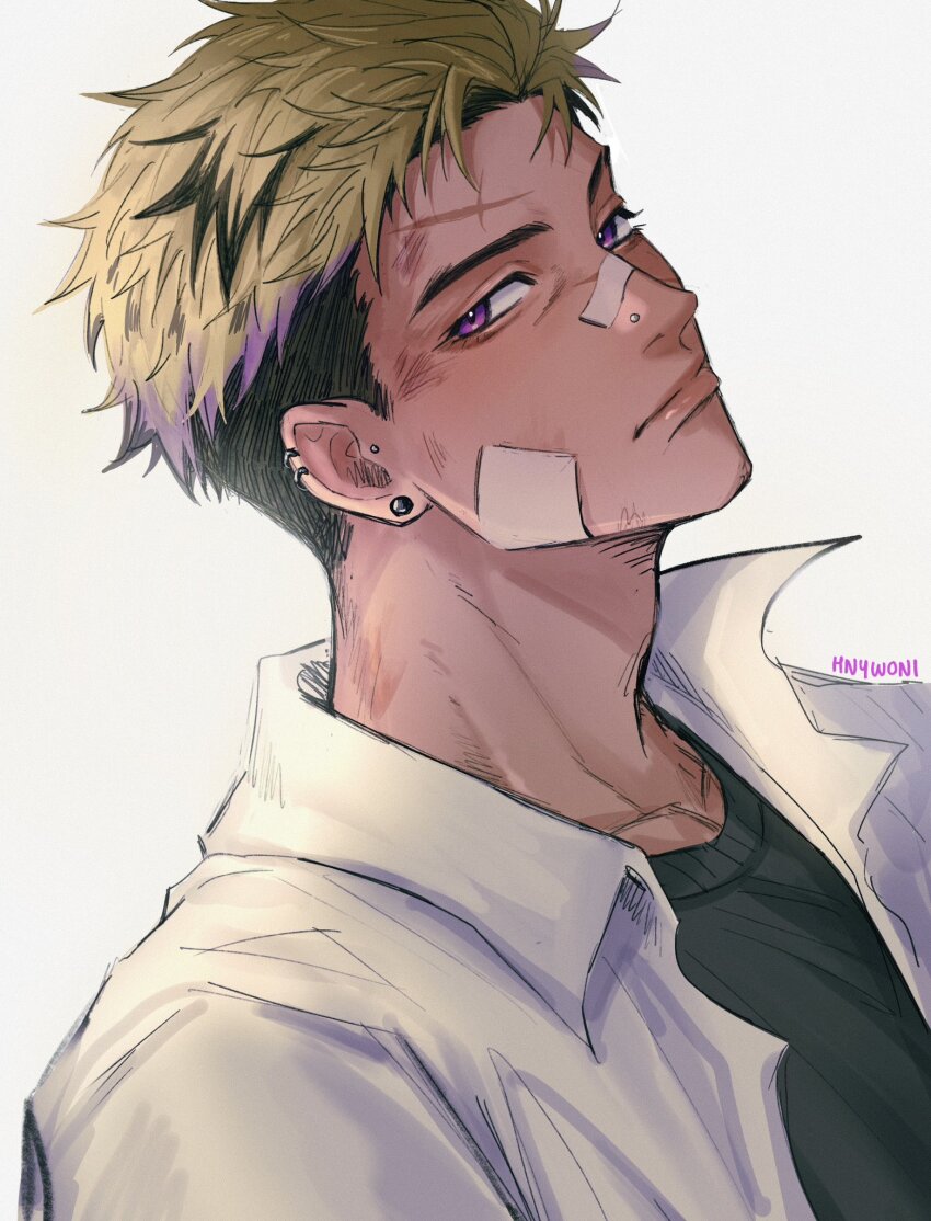 1boy, adam's_apple, bandage_on_cheek, bandage_on_nose, bandages, black_hair, blonde_hair, bruise, bruise_on_face, closed_mouth, collarbone, collared_shirt, commentary, crew_neck, earrings, english_commentary, green_shirt, highres, hnywoni, injury, jewelry, looking_to_the_side, male_focus, multicolored_hair, multiple_earrings, nijisanji, nijisanji_en, piercing, purple_eyes, scar, scar_on_face, scar_on_forehead, shirt, sideways_glance, simple_background, solo, stud_earrings, t-shirt, twitter_username, upper_body, vantacrow_bringer, virtual_youtuber, white_background, white_shirt, wing_collar