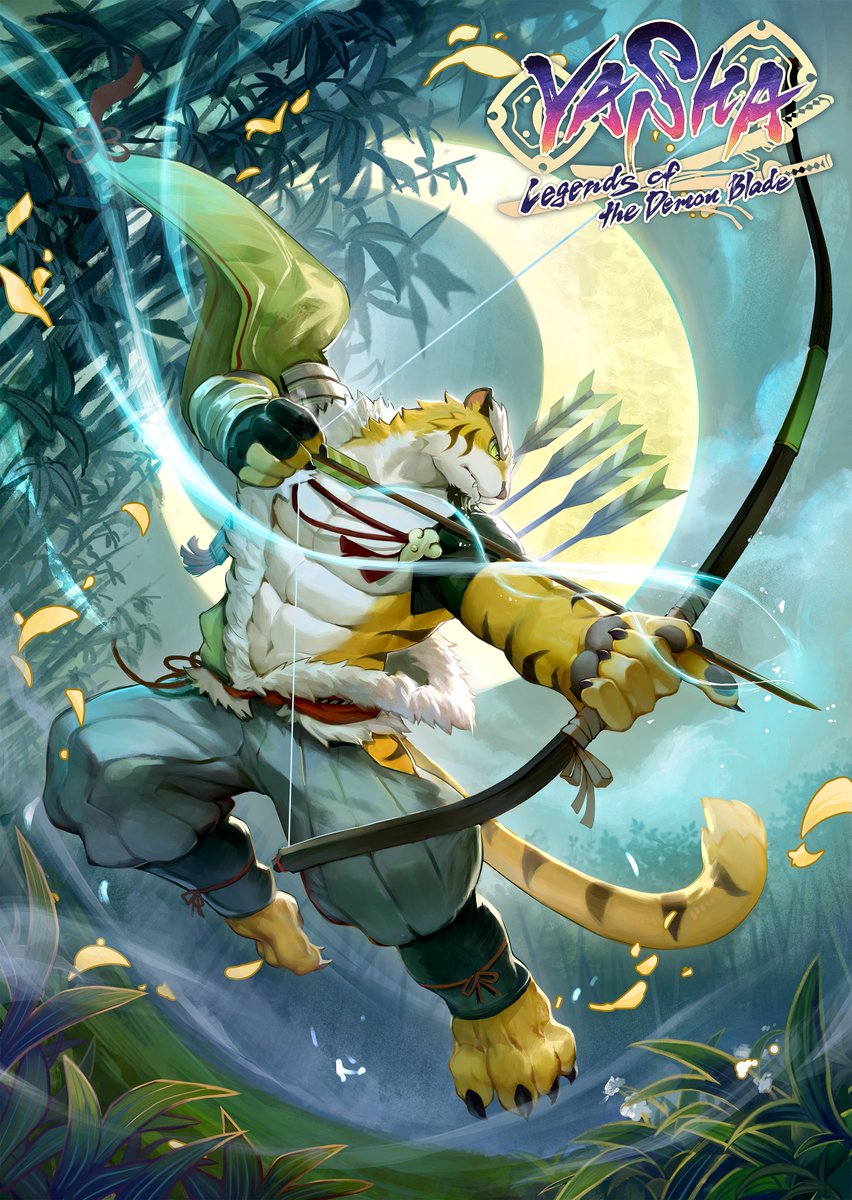 1boy, abs, aiming, animal_ears, arrow_(projectile), artist_request, bamboo, bamboo_forest, bare_pectorals, barefoot, belt, bow_(weapon), claws, commentary, copyright_name, crescent_moon, drawing_bow, english_commentary, facing_to_the_side, falling_petals, fangs, fingerless_gloves, forest, furry, furry_male, gloves, grey_hakama, hakama, highres, holding, holding_bow_(weapon), holding_weapon, japanese_clothes, looking_to_the_side, male_focus, moon, muscular, muscular_male, nature, navel, night, official_art, pawpads, pectoral_cleavage, pectorals, petals, red_belt, tail, taketora_(yasha), thick_eyebrows, tiger_boy, tiger_ears, tiger_stripes, tiger_tail, weapon, yasha_legends_of_the_demon_blade, yellow_fur