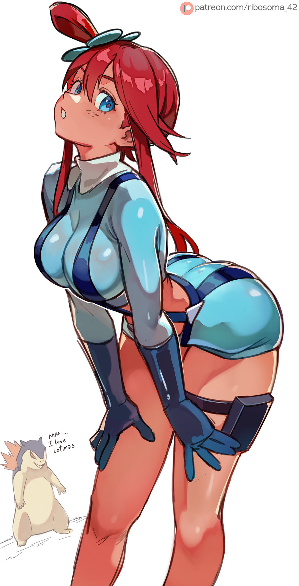 1girl, 2024_pokemon_teraleak, artist_name, ass, bent_over, blue_eyes, blue_footwear, blue_gloves