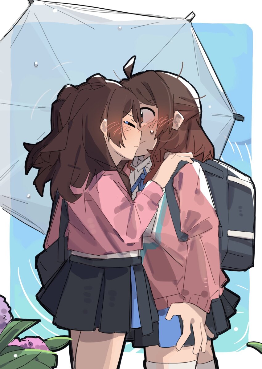 2girls, bag, black_overskirt, blazer, blue_skirt, blush, brown_hair, cardigan, closed_eyes, commentary_request, gakuen_idolmaster, hanami_saki, hanami_ume, hatsuboshi_gakuen_school_uniform, highres, idolmaster, incest, jacket, kiss, multiple_girls, nimingduz, pink_cardigan, pink_jacket, pleated_skirt, school_bag, school_uniform, siblings, sisters, skirt, sweatdrop, umbrella, white_umbrella, yuri