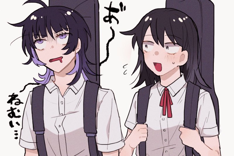 2girls, :d, ahoge, black_hair, blush, collared_shirt, colored_inner_hair, commentary