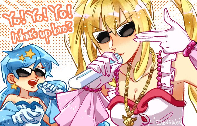 blonde_hair, blue_dress, blue_gloves, blue_hair, chain, chain_necklace, collarbone, commentary_request