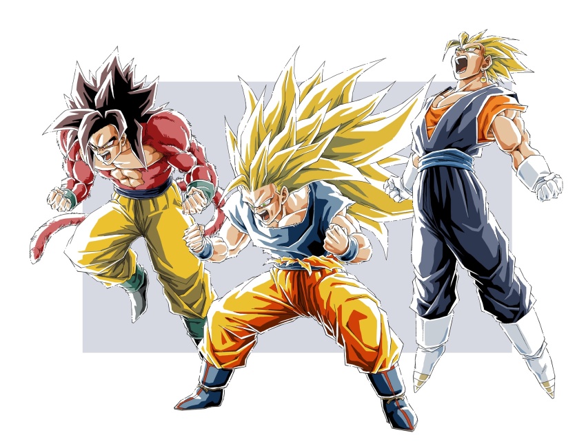 3boys, black_hair, blue_footwear, blue_pants, blue_shirt, body_fur, boots, dougi, dragon_ball, dragon_ball_gt, dragonball_z, earrings, full_body, gloves, grey_background, group_picture, highres, jewelry, long_hair, male_focus, medium_hair, monkey_tail, multiple_boys, muscular, muscular_male, n_(n14542698), no_eyebrows, orange_pants, orange_shirt, pants, potara_earrings, powering_up, red_fur, red_tail, shirt, simple_background, son_goku, spiked_hair, super_saiyan, super_saiyan_1, super_saiyan_3, super_saiyan_4, tail, torn_clothes, torn_shirt, vegetto, white_background, white_footwear, white_gloves, yellow_eyes, yellow_pants