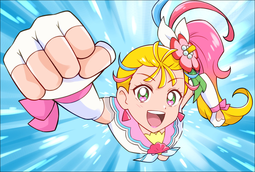 1girl, blonde_hair, brooch, clenched_hands, clothing_cutout, crop_top, cure_summer, earrings