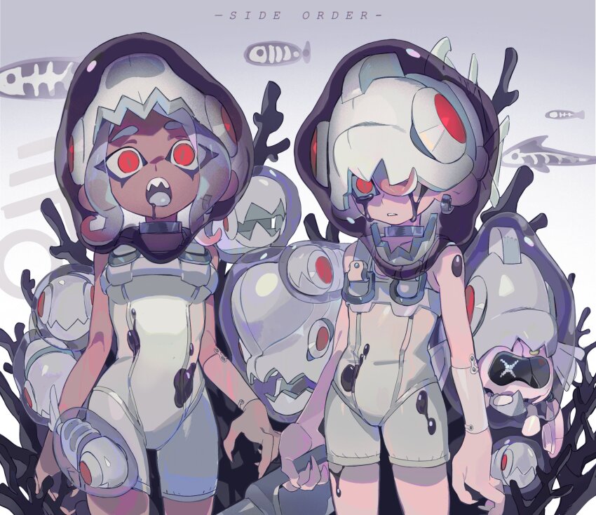 1boy, 1girl, agent_8_(splatoon), battering_lento, bodysuit, breasts, choker, clenched_teeth