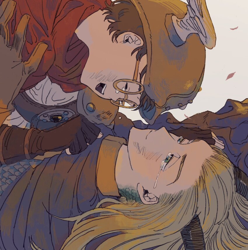 2boys, black_horns, blonde_hair, brown_gloves, brown_hair, cape, closed_eyes, commentary_request