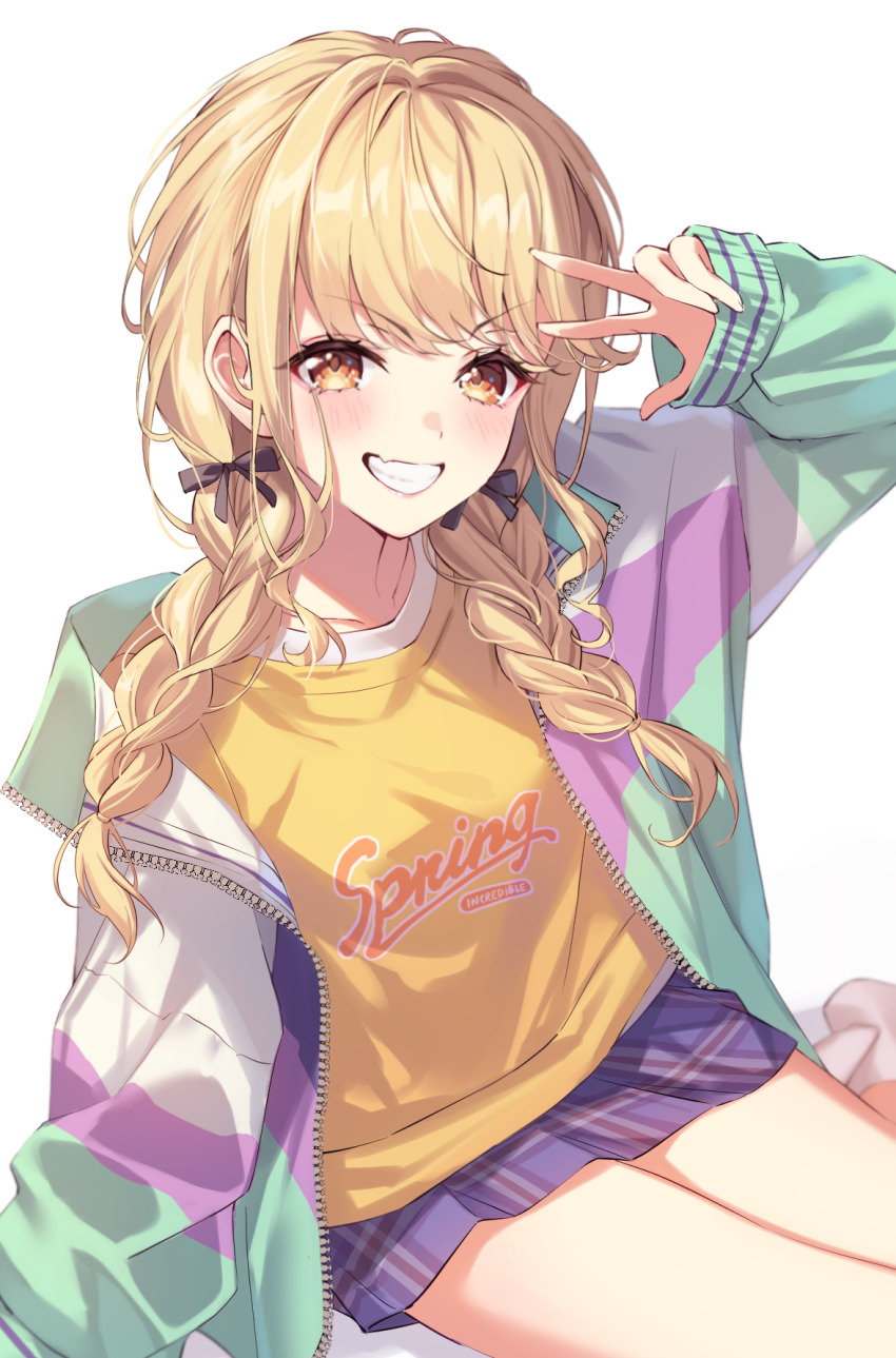 1girl, bare_legs, blonde_hair, blue_skirt, blush, braid, commentary_request, cuckoo_ki