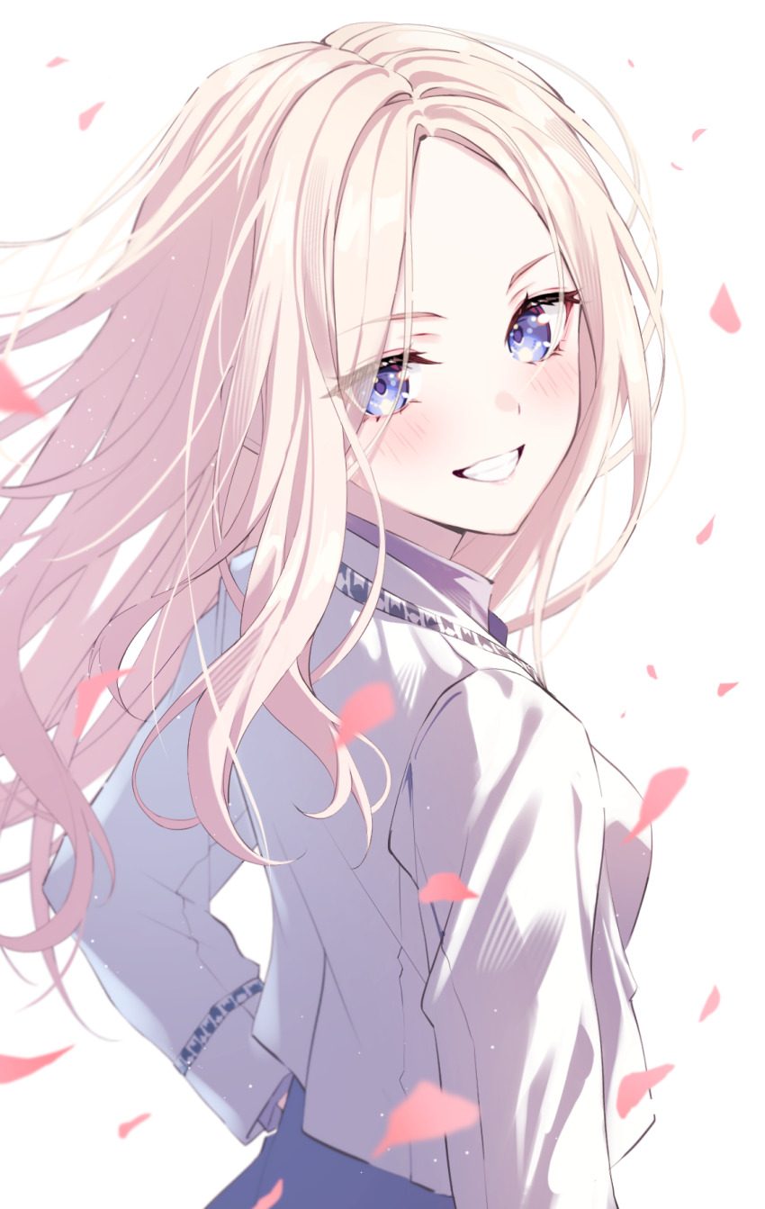 1girl, blonde_hair, blush, commentary_request, cuckoo_ki, falling_petals, forehead, gakuen_idolmaster