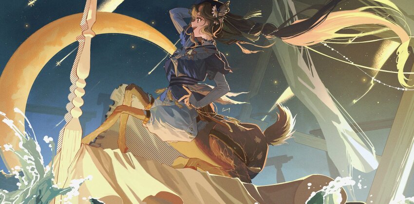 1girl, animal_ears, arm_up, blue_hat, blue_shirt, blue_sky, brown_hair, centauroid