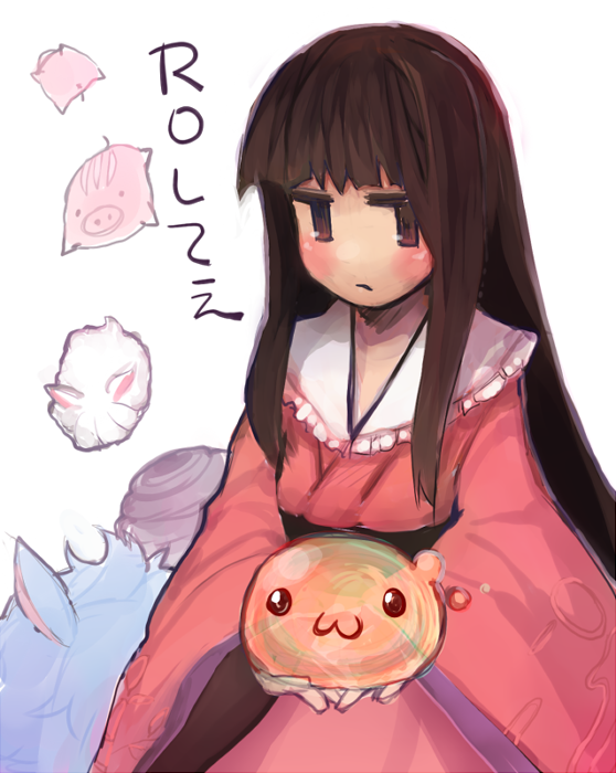 1girl, :3, bad_id, bad_pixiv_id, blush, female_focus, houraisan_kaguya, htm_(gixig), japanese_clothes, lunatic_(ragnarok_online), pig, poring, pupa_(ragnarok_online), rabbit, ragnarok_online, savage_babe, touhou