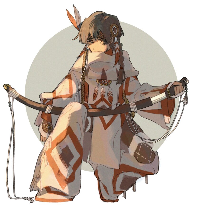 1boy, alternate_costume, black_eyes, blunt_bangs, blunt_ends, braid, brown_hair, commentary_request