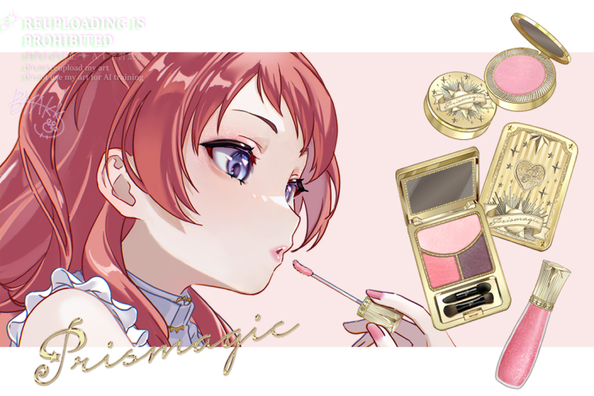 1girl, applying_makeup, applying_own_makeup, bare_shoulders, blue_eyes, byakko_creator, close-up, comiket_105