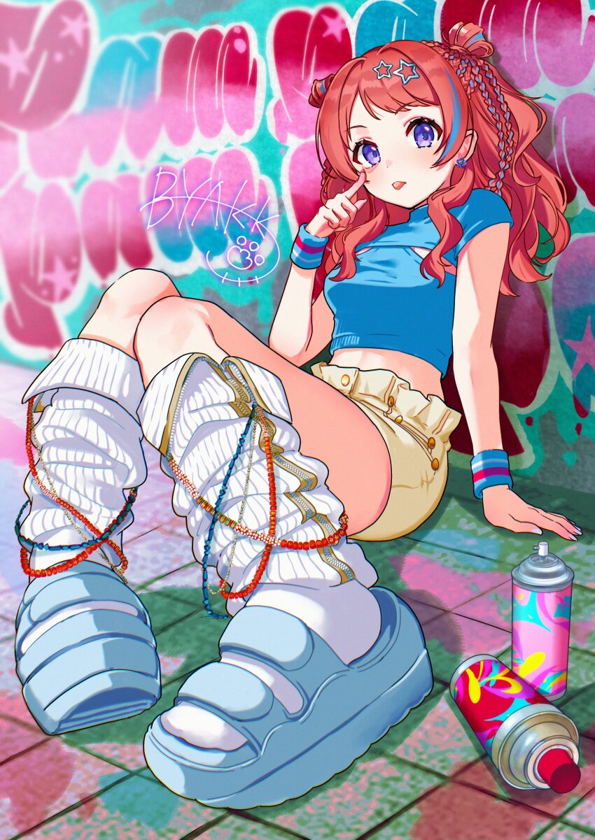 1girl, :p, absurdres, akanbe, blue_eyes, byakko_creator, comiket_105, crop_top