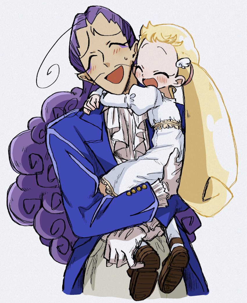 1boy, 1girl, ^_^, absurdres, age_difference, ahoge, alexander_t_oyajide, ascot, blonde_hair, blue_jacket, blush, bonnou_(kisikaisei), brown_footwear, carrying, carrying_person, closed_eyes, dress, facial_hair, furrowed_brow, gloves, hair_ornament, hair_tie, highres, hug, jacket, juliet_sleeves, long_hair, long_sleeves, makihatayama_hana, mustache, ojamajo_doremi, open_clothes, open_jacket, open_mouth, pantyhose, puffy_sleeves, purple_hair, shirt, simple_background, smile, sweat, twintails, very_long_hair, white_ascot, white_background, white_dress, white_gloves, white_pantyhose, white_shirt, wing_hair_ornament