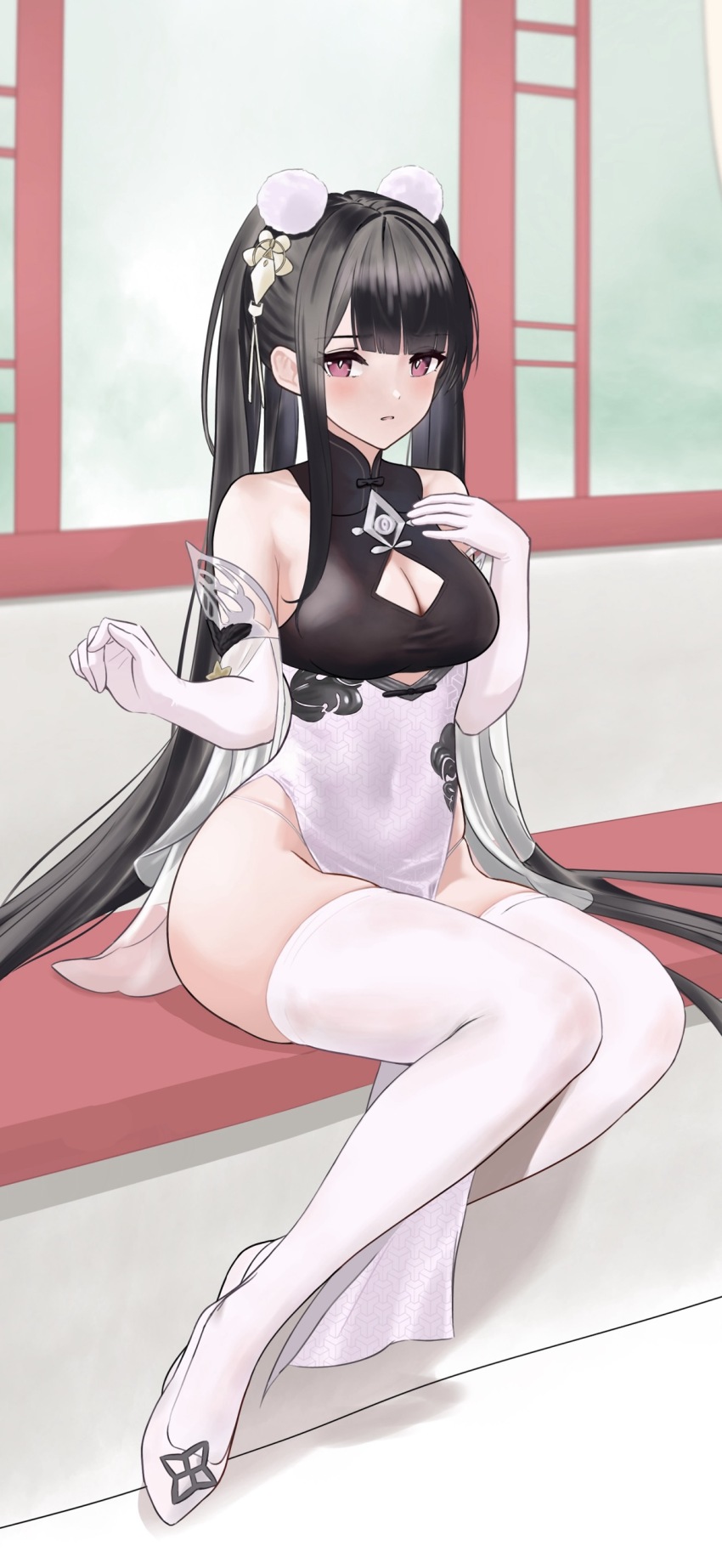 1girl, absurdres, azur_lane, bare_hips, bare_shoulders, black_hair, breasts, cleavage
