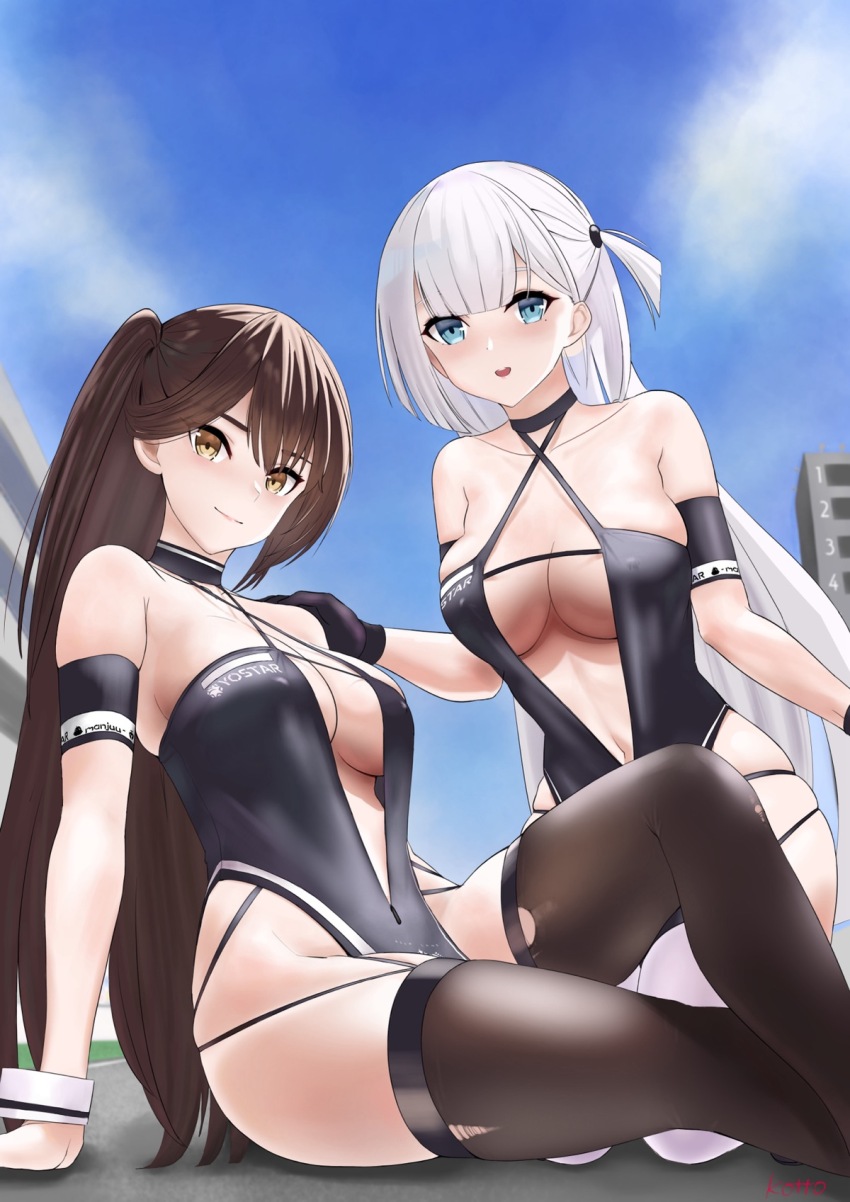 2girls, azur_lane, bare_hips, bare_shoulders, blue_eyes, breasts, brown_eyes, brown_hair, center_opening, cleavage, cleavage_cutout, clothing_cutout, collarbone, covered_erect_nipples, groin, hand_on_another's_shoulder, highres, kneeling, kotto-koto, long_hair, multiple_girls, navel, pelvic_curtain, ponytail, revealing_clothes, shoukaku_(azur_lane), shoukaku_(sororal_wings)_(azur_lane), sitting, skindentation, thighhighs, thighs, very_long_hair, white_hair, zuikaku_(azur_lane), zuikaku_(the_wind's_true_name)_(azur_lane)