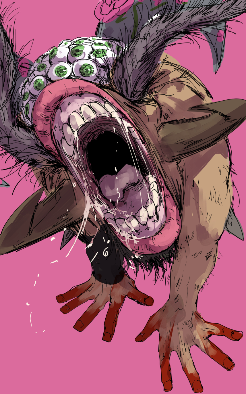 beauty_and_the_beast_(project_moon), blood, blood_on_hands, drooling, extra_eyes, green_eyes, head_tilt, highres