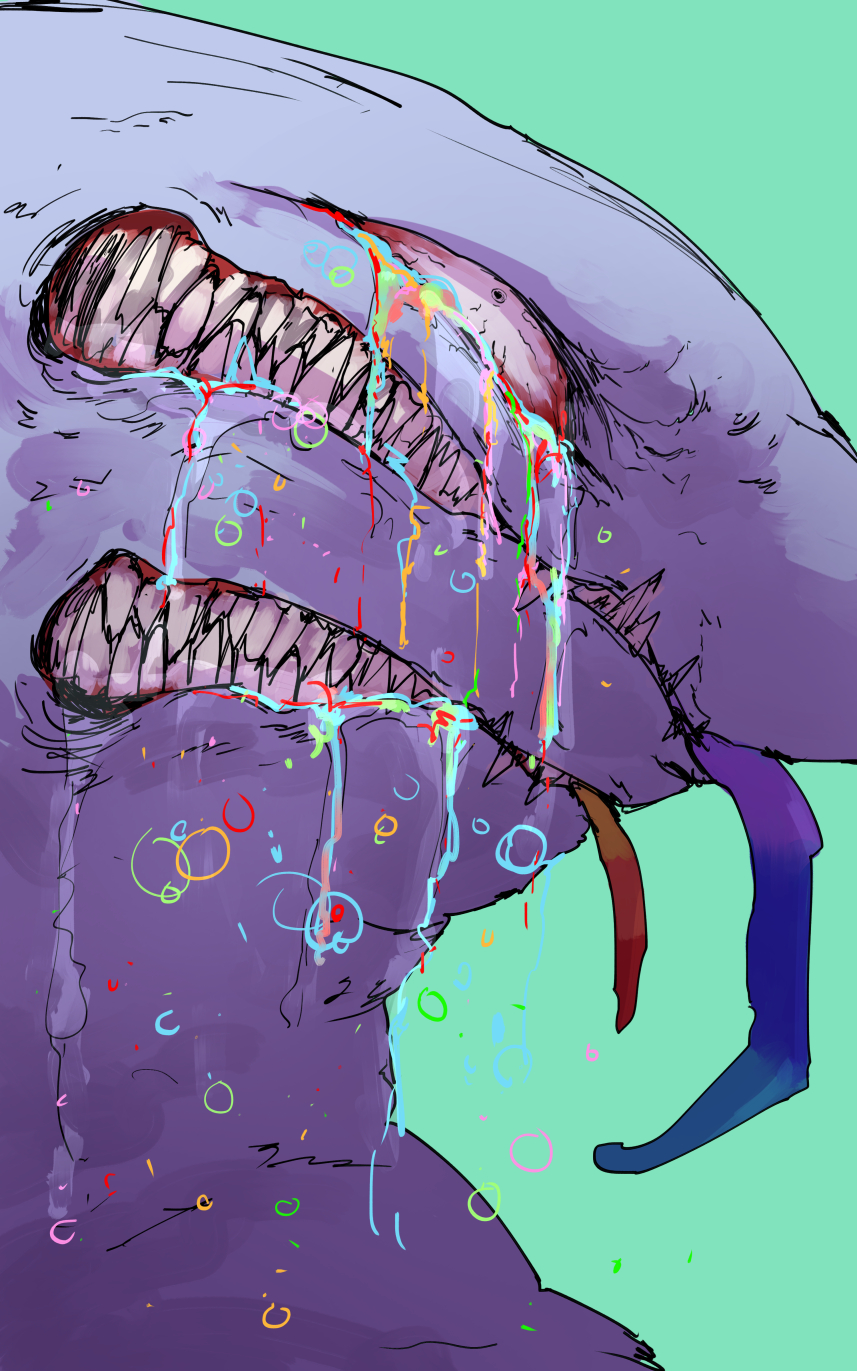 angry, aqua_background, blood, bloodshot_eyes, bubble, clenched_teeth, extra_mouth, furious