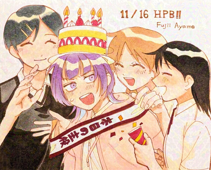 4girls, :d, ^_^, adversarial_noise, annoyed, birthday, birthday_cake_hat, birthday_sash