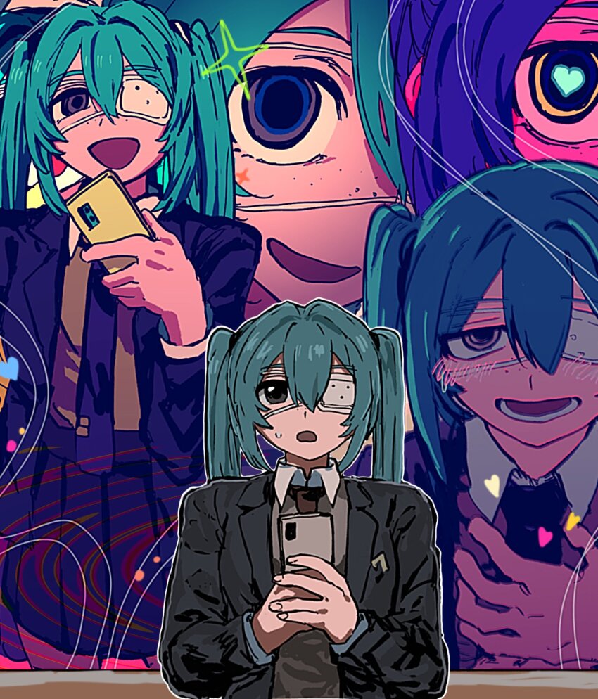 1girl, aqua_hair, black_eyes, black_jacket, black_necktie, blush, bnna-0208, cellphone