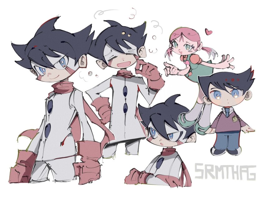 1boy, 1girl, ^_^, black_footwear, black_hair, blue_eyes, blue_pants, bright_pupils