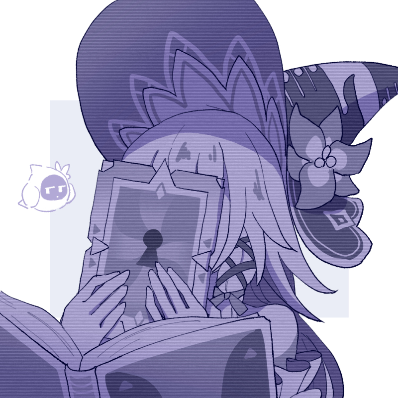 1girl, book, covering_face, facing_viewer, floating, floating_book, floating_object, flower, hat, hat_flower, herta_(honkai:_star_rail), herta_(simulated_universe_avatar)_(honkai:_star_rail), holding, holding_book, honkai:_star_rail, honkai_(series), krakrignmr, long_hair, monochrome, purple_theme, sidelocks, simple_background, solo, the_herta_(honkai:_star_rail), upper_body, very_long_hair, witch_hat